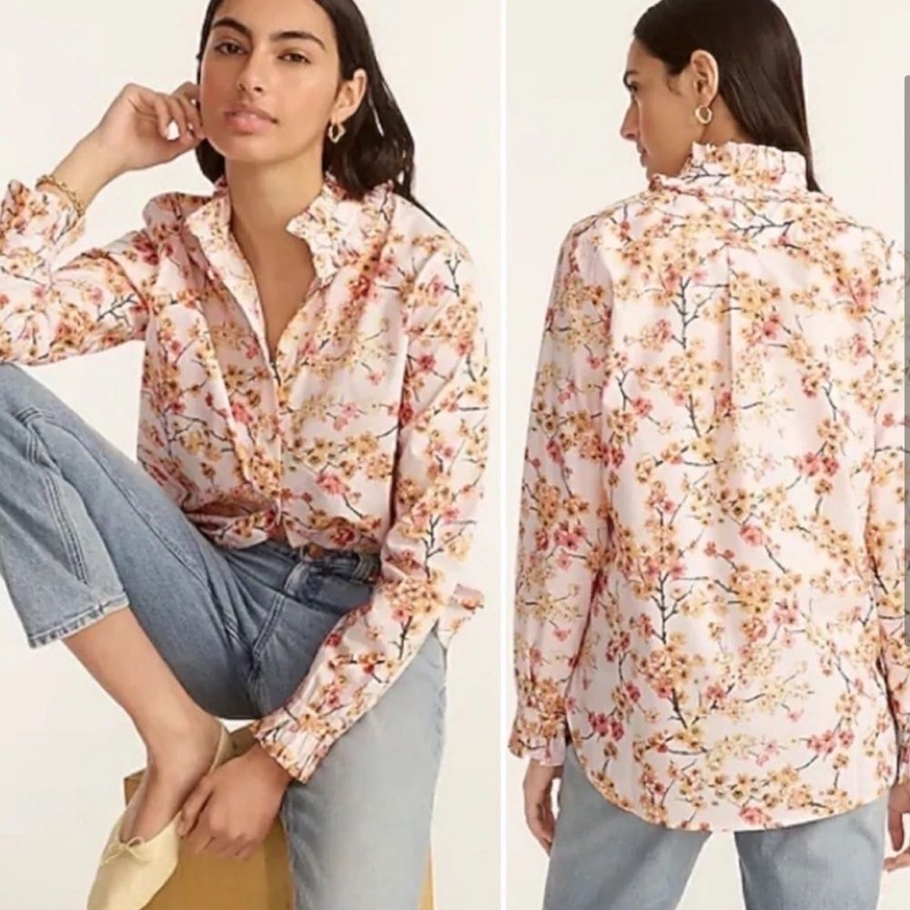 J Crew Classic Fit Ruffle Neck Cherry Blossom Shirt